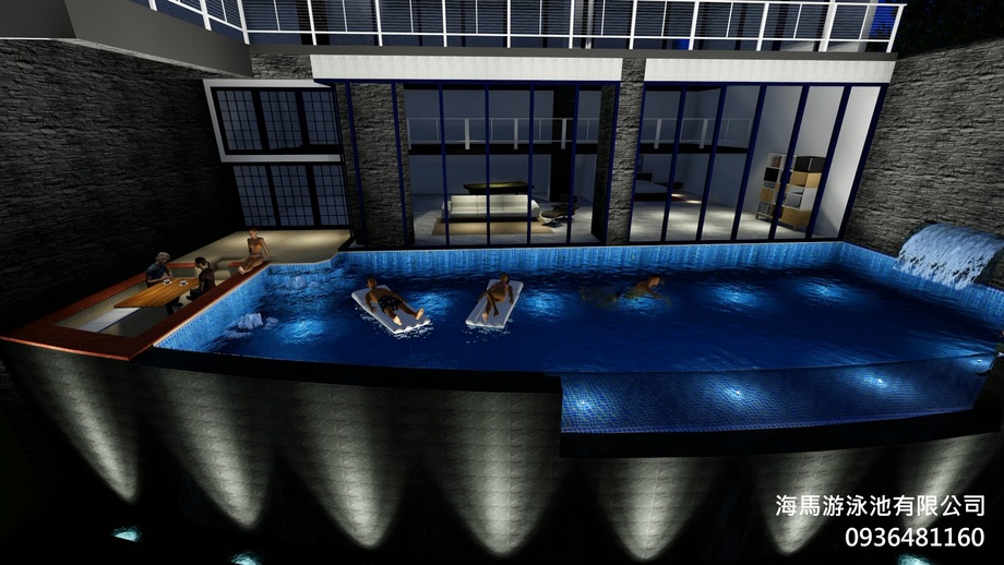 海馬游泳池-觀音山無邊際玻璃牆游泳池-夜間效果